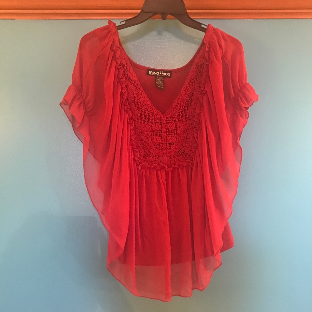 Red Flowy Top with Crochet Front